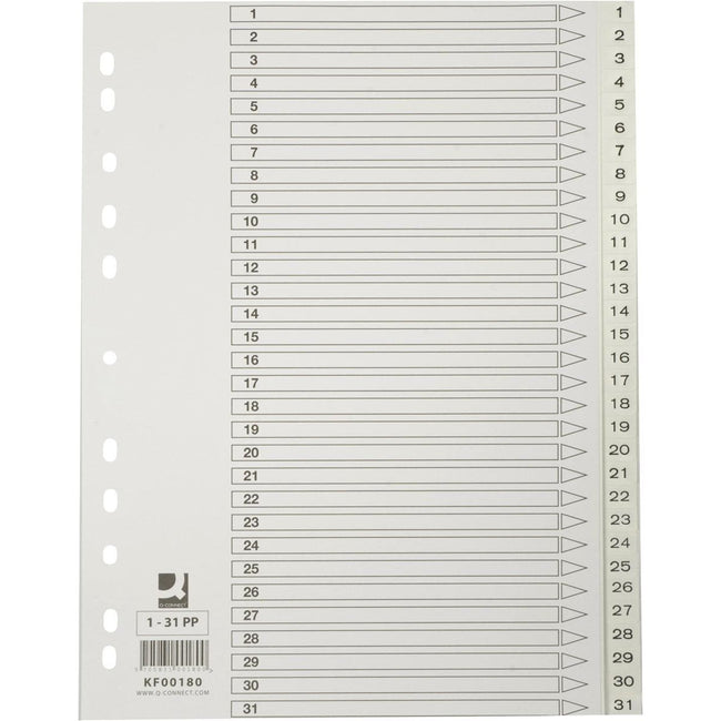 Q-CONNECT - onglets, A4, PP, perforation 11 trous, avec feuille d'index, jeu de 1-31, blanc