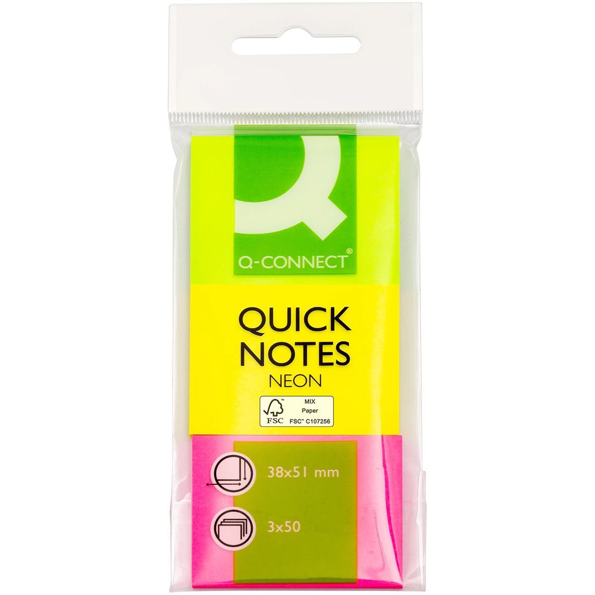 Q-CONNECT -   Quick Notes, ft 38 x 51 mm, 50 vel, etui van 3 blokken in neonkleuren