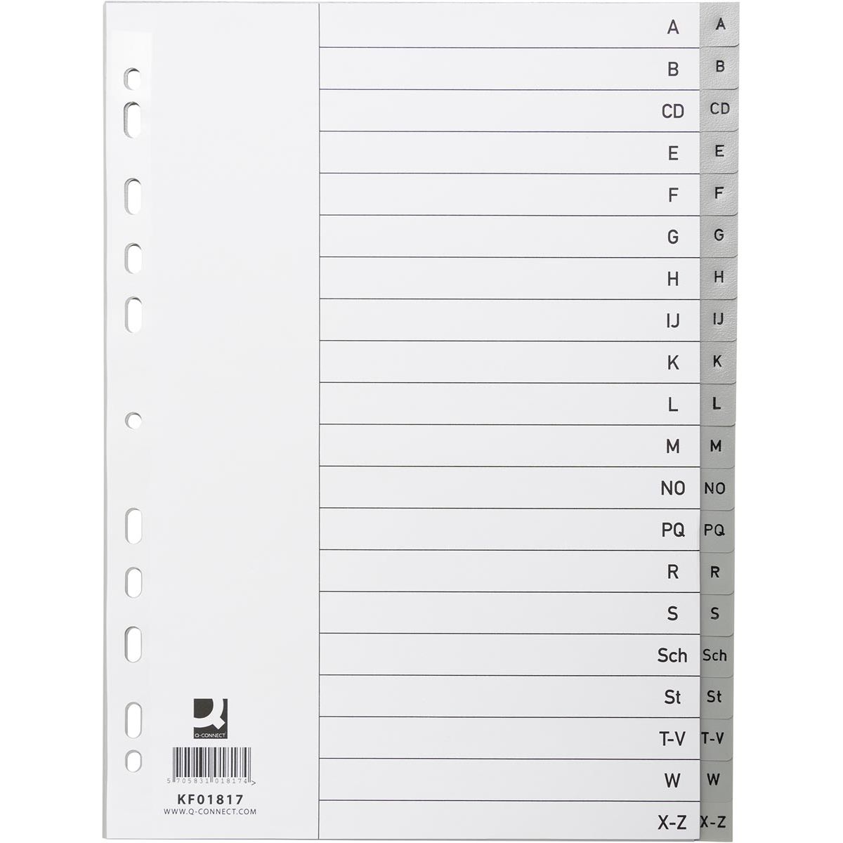 Q-CONNECT - Registerblätter, A4, PP, 11-Loch-Lochung, mit Registerblatt, Satz A-Z, 20 Registerblätter, grau