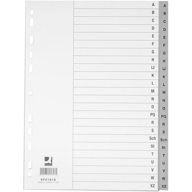 Q-CONNECT - onglets, A4, PP, perforation 4 trous, avec feuille d'index, jeu de A-Z, 24 onglets, gris