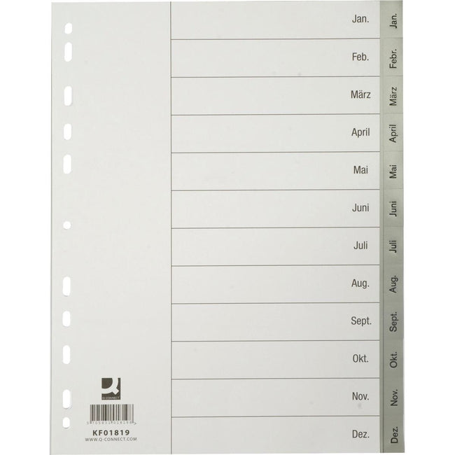 Q-CONNECT - onglets, A4, PP, perforation 11 trous, avec feuille d'index, jeu de janvier à décembre, gris