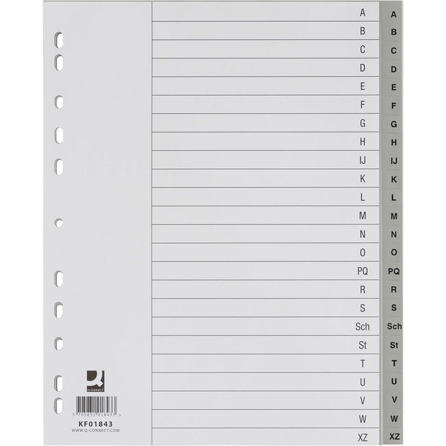 Q-CONNECT - Registerblätter, A4, PP, 11-Loch-Lochung, Set von A-Z, 24 Registerblätter, grau