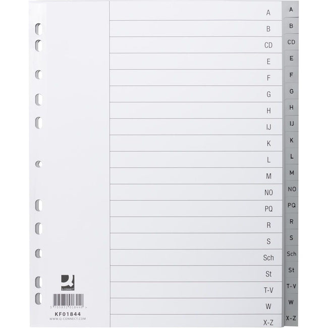 Q-CONNECT - Registerblätter, A4, PP, 11-Loch-Lochung, Set von A-Z, 20 Registerblätter, grau