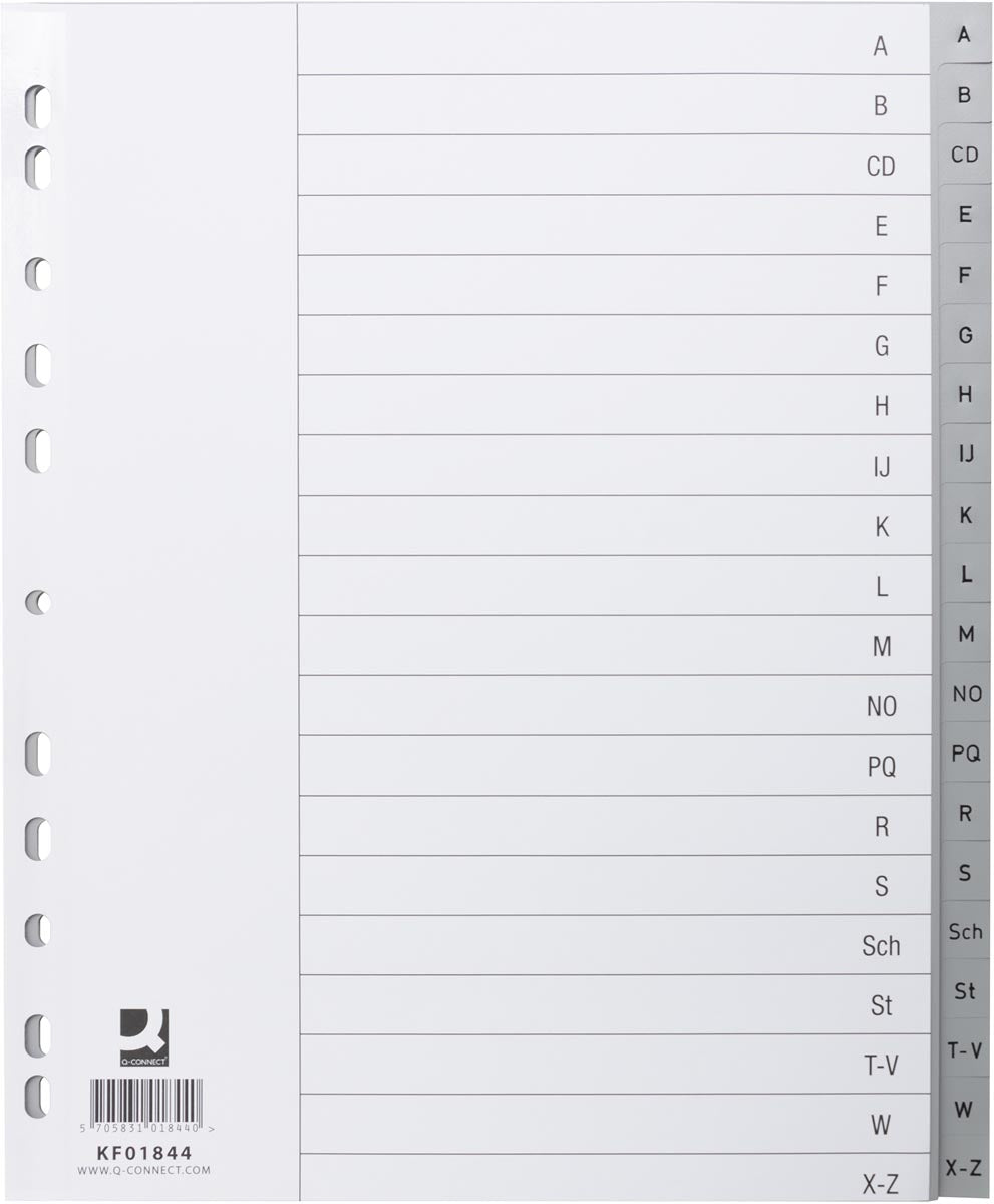 Q-CONNECT -   tabbladen, A4, PP, 11-gaatsperforatie, set van A-Z, 20 tabs, grijs