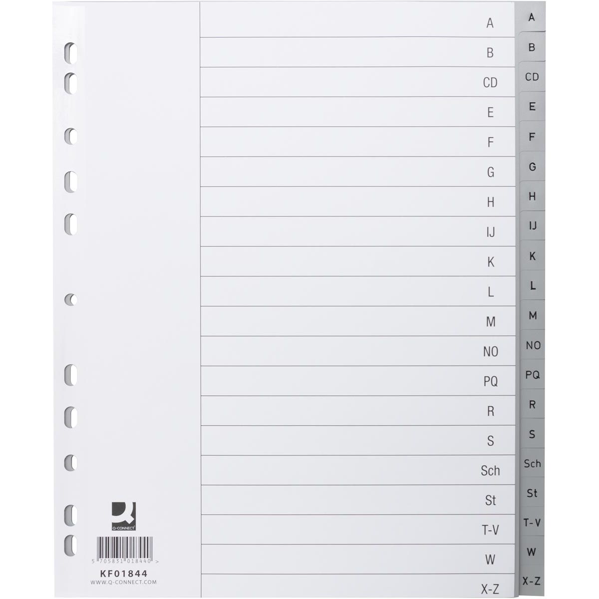 Q-CONNECT - onglets, A4, PP, perforation 11 trous, jeu de A-Z, 20 onglets, gris