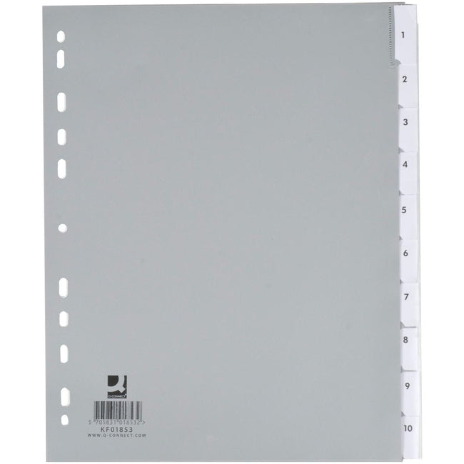Q-CONNECT - onglets, A4, PP, perforation 11 trous, 10 onglets, gris
