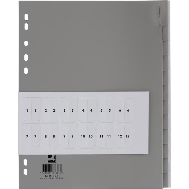 Q-CONNECT - onglets, A4, PP, perforation 11 trous, 12 onglets, gris