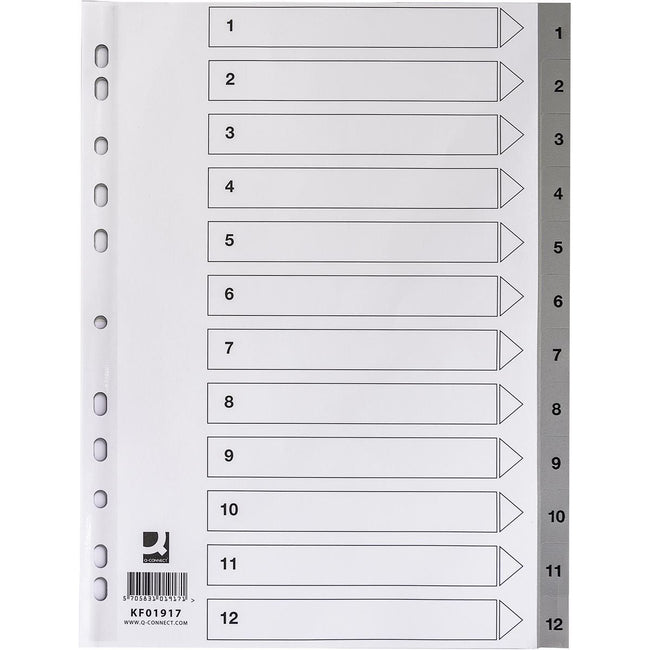 Q-CONNECT - onglets, A4, PP, perforation 11 trous, avec feuille d'index, jeu de 1-12, gris