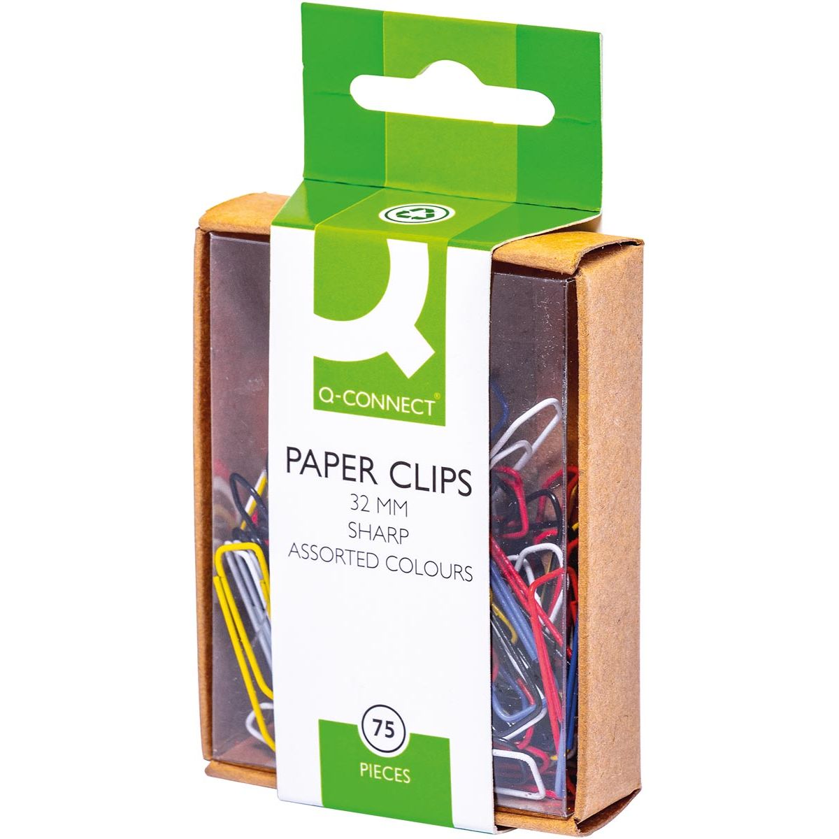 Q-CONNECT -   papierklemmen, 32 mm, doos van 75 stuks, ophangbaar, geassorteerde kleuren.