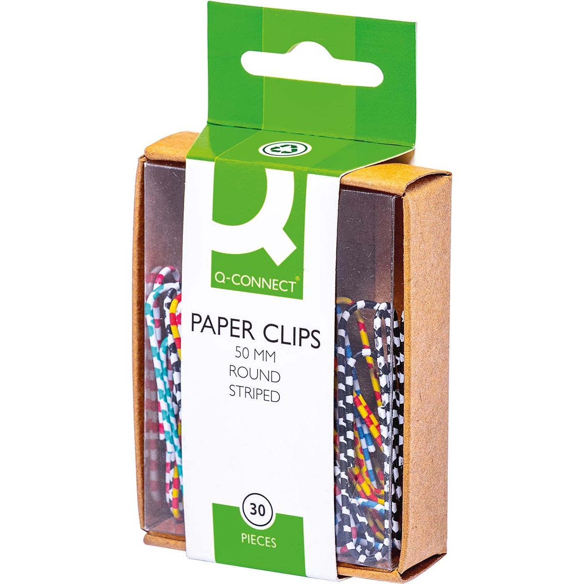Q-CONNECT -   papierklemmen, 50 mm, doos van 30 stuks, gestreept in wit en geassorteerde kleuren
