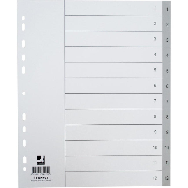 Q-CONNECT - onglets, A4, PP, perforation 11 trous, avec feuille d'index, jeu de 1-12, 12 onglets, gris