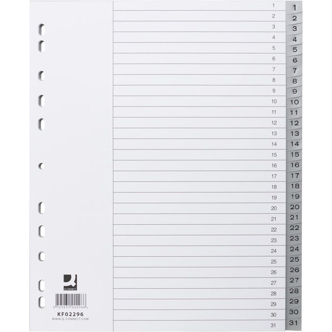 Q-CONNECT - onglets, A4, PP, perforation 11 trous, avec feuille d'index, jeu de 1-31, 31 onglets, gris
