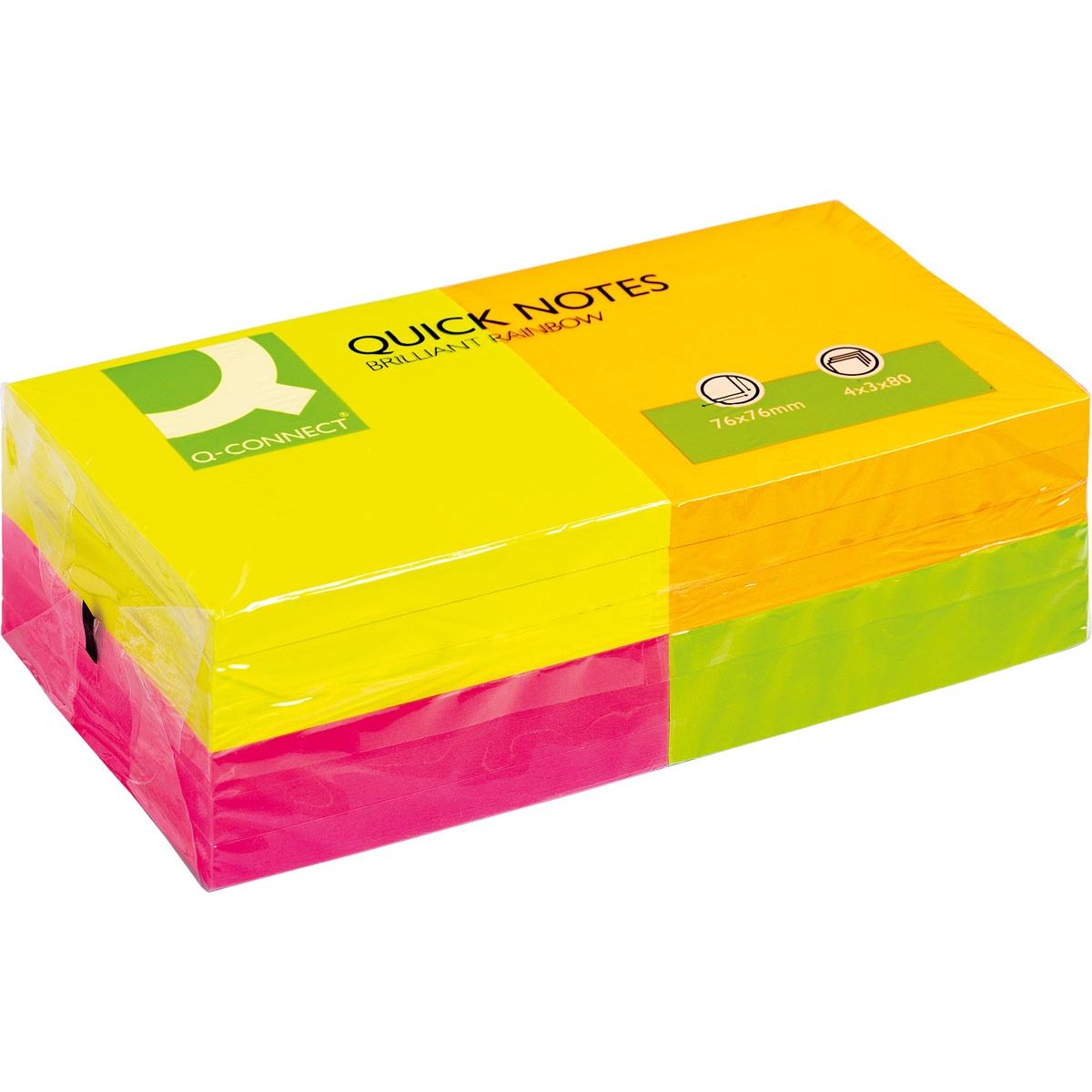 Q-CONNECT – Quick Notes, ft 76 x 76 mm, 80 Blatt, Packung mit 12 Blöcken in 4 Neonfarben