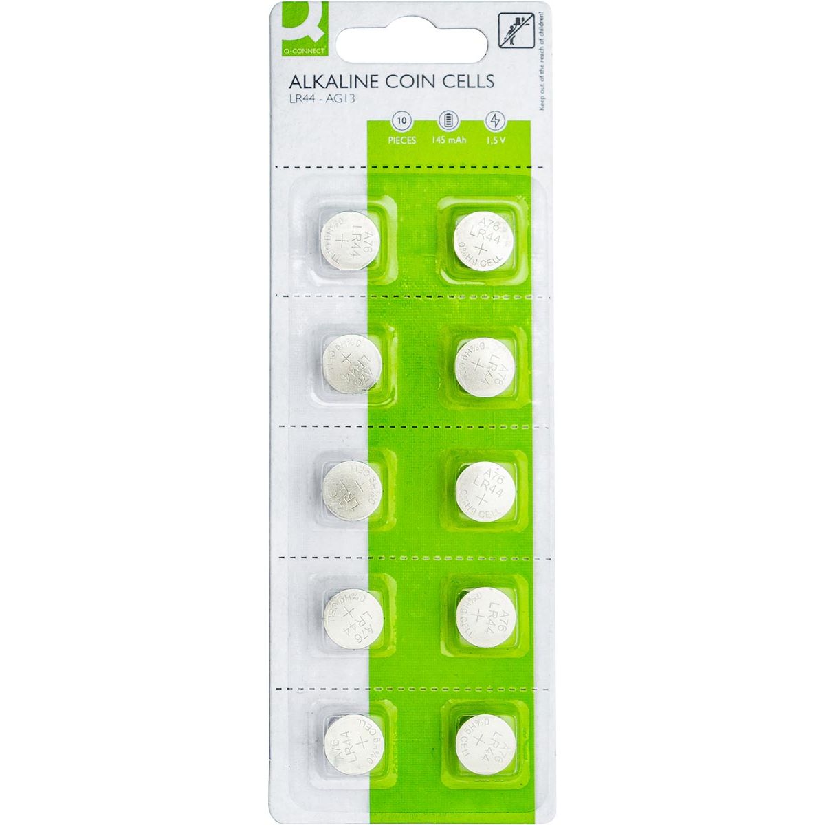 Q-CONNECT -   knoopcel, alkaline, LR44, blister van 10 stuks