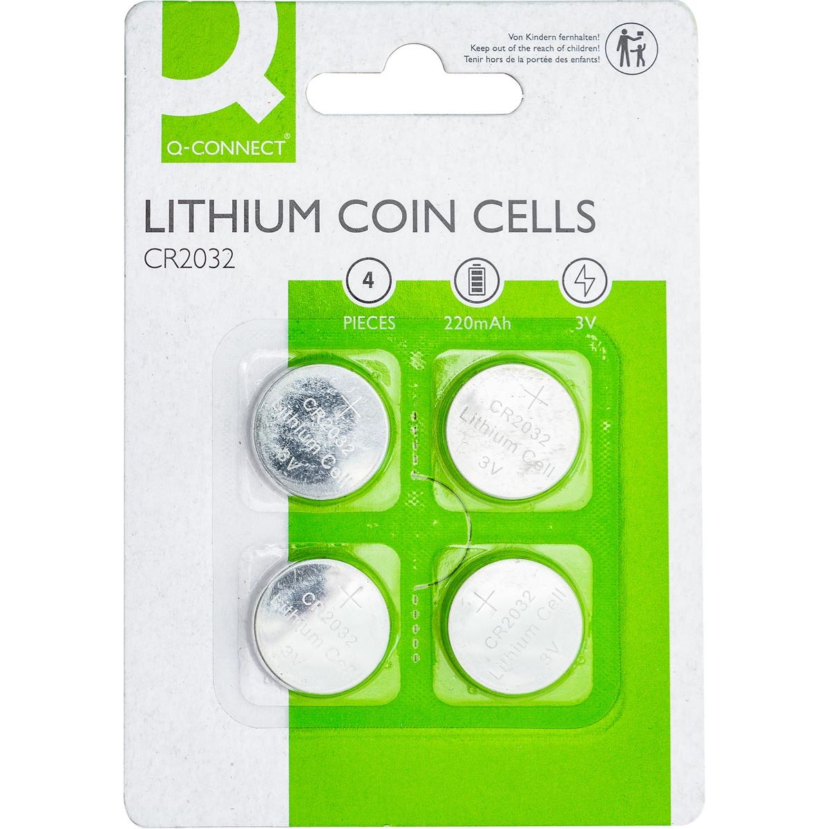Q-CONNECT - pile bouton, lithium, CR2032, blister de 4 pièces