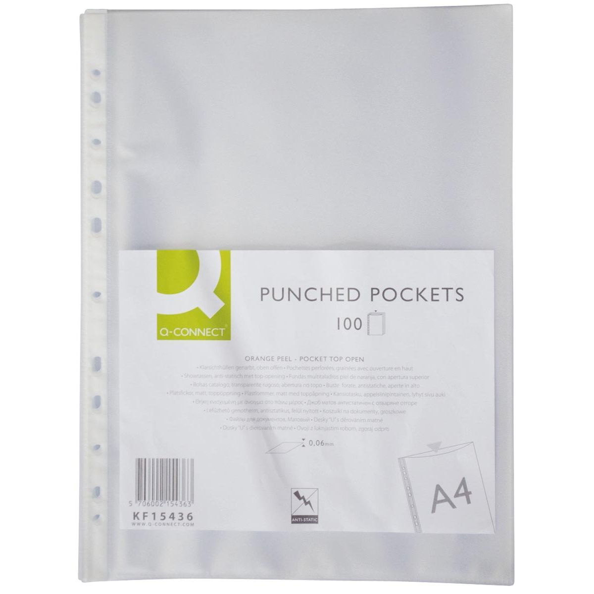 Q-CONNECT - sachet de présentation perforé Perforation 11 trous, grainé, 60 microns, paquet de 100 pièces