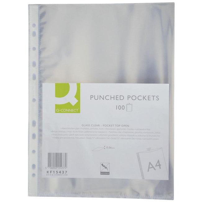 Q-CONNECT - sachet de présentation perforé Perforation 11 trous, transparent, 60 microns, paquet de 100 pièces