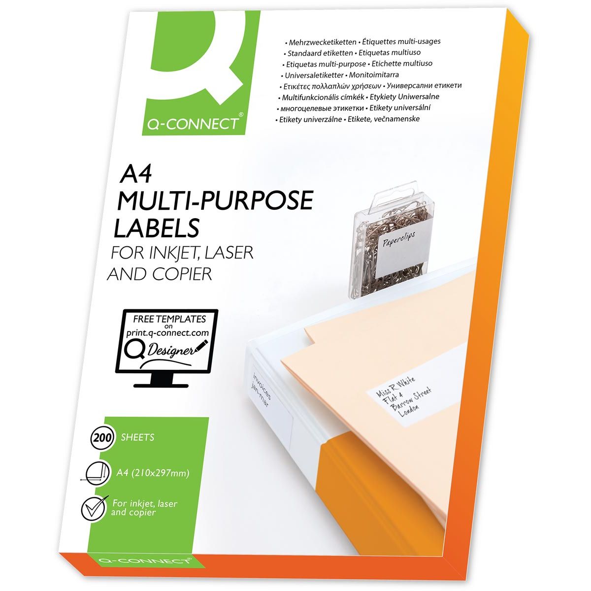 Q-CONNECT - étiquettes, blanches, coins droits, 210 x 148,5 mm, 200 feuilles, 2 étiquettes par feuille