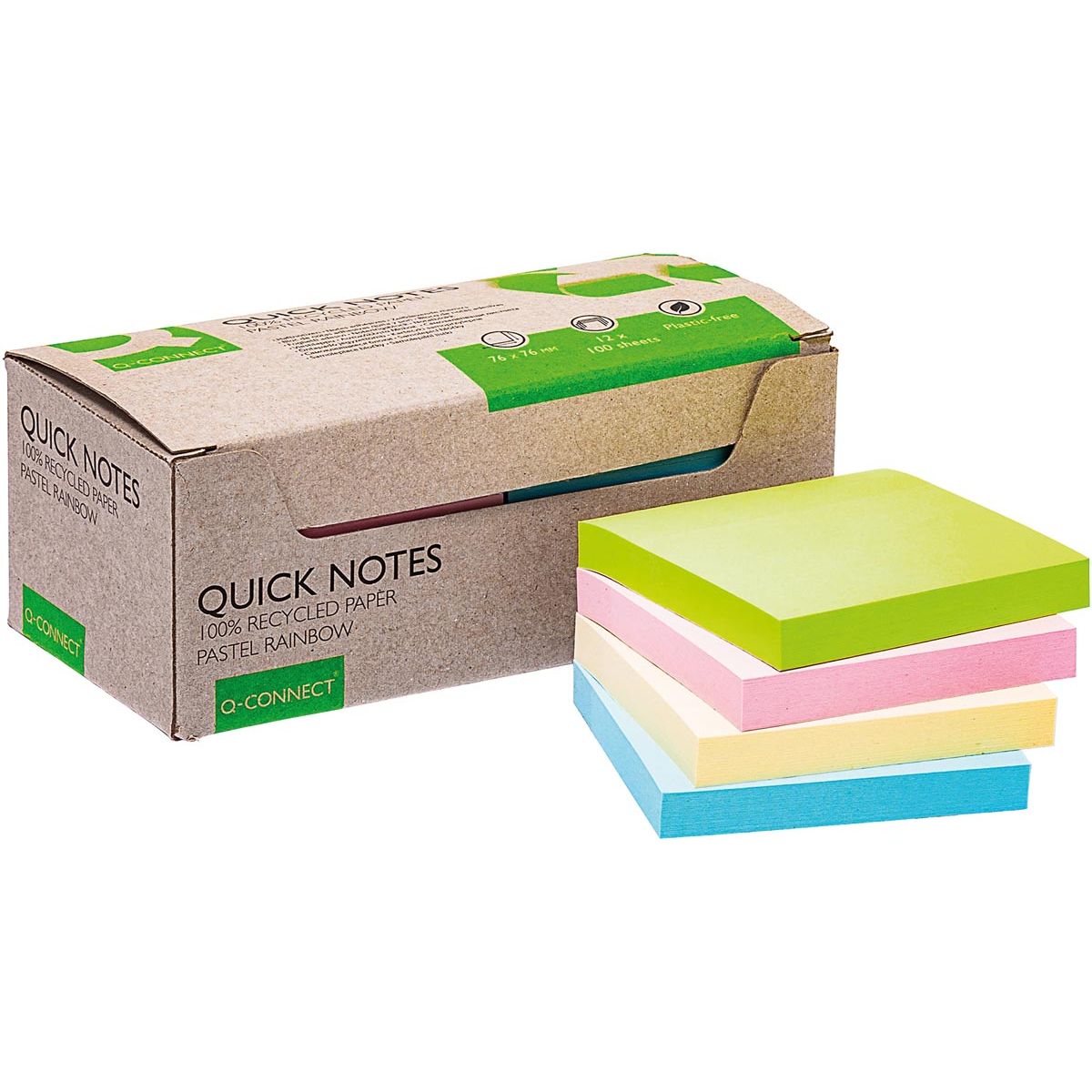 Q-CONNECT - Quick Notes Pastel recyclé, pi 76 x 76 mm, 100 feuilles, boîte de 12 couleurs assorties