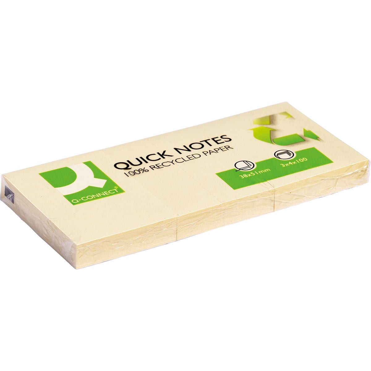 Q-CONNECT - Quick Notes Recyclé, pi 38 x 51 mm, 100 feuilles, paquet de 3 blocs, jaune