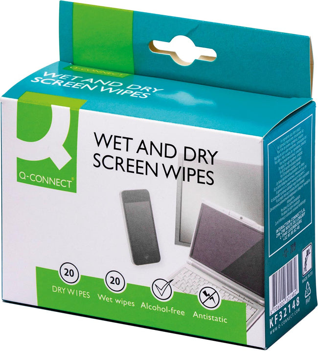 Q-CONNECT - Lingettes nettoyantes pour écran Wet Dry, boîte de 20 paires (1 Wet et 1 Dry)