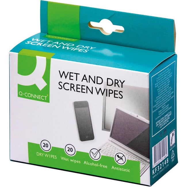 Q-CONNECT - Lingettes nettoyantes pour écran Wet Dry, boîte de 20 paires (1 Wet et 1 Dry)