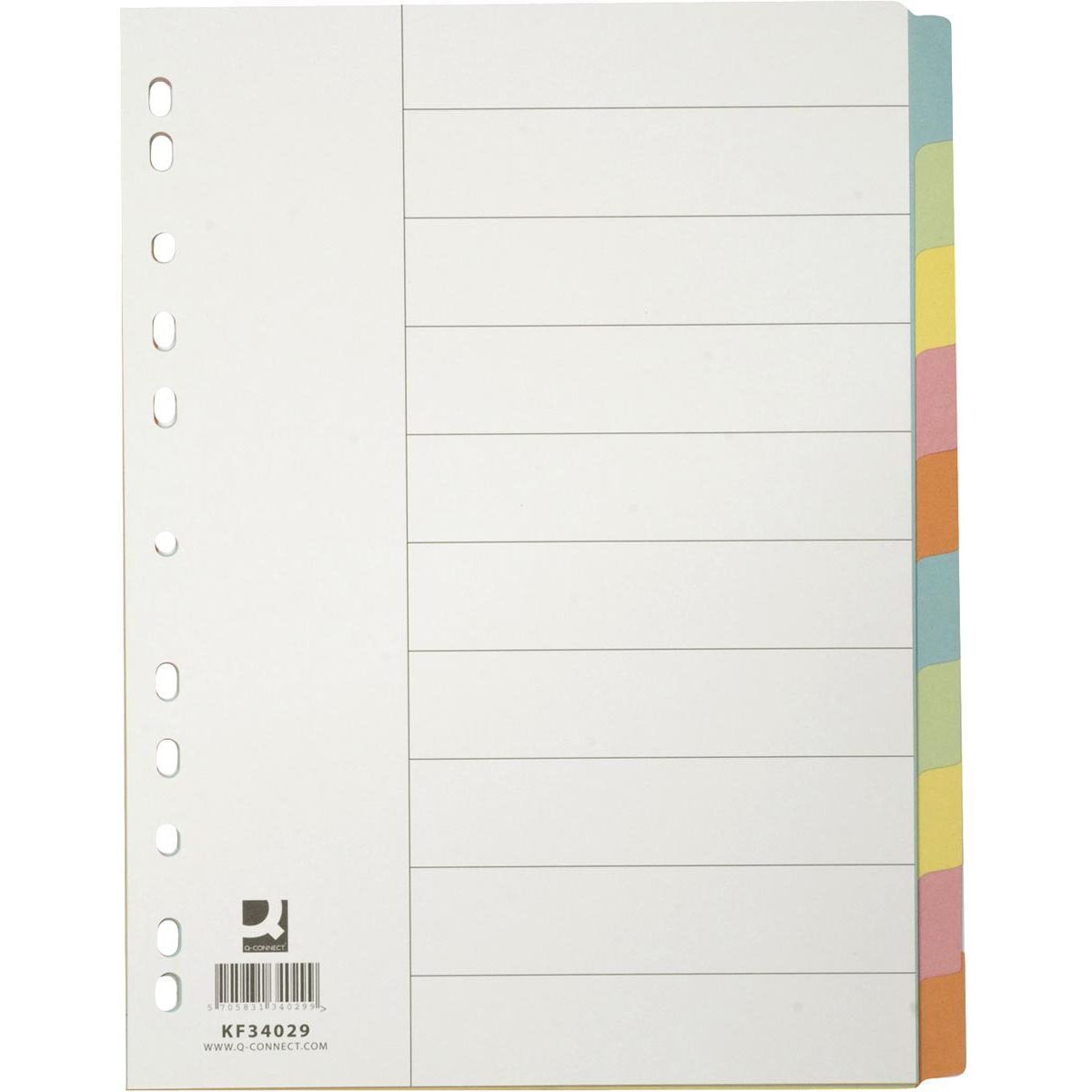 Q-CONNECT - Tabs, A4, Karton, 11-Loch-Perforation, 10 Tabs, farbig sortiert