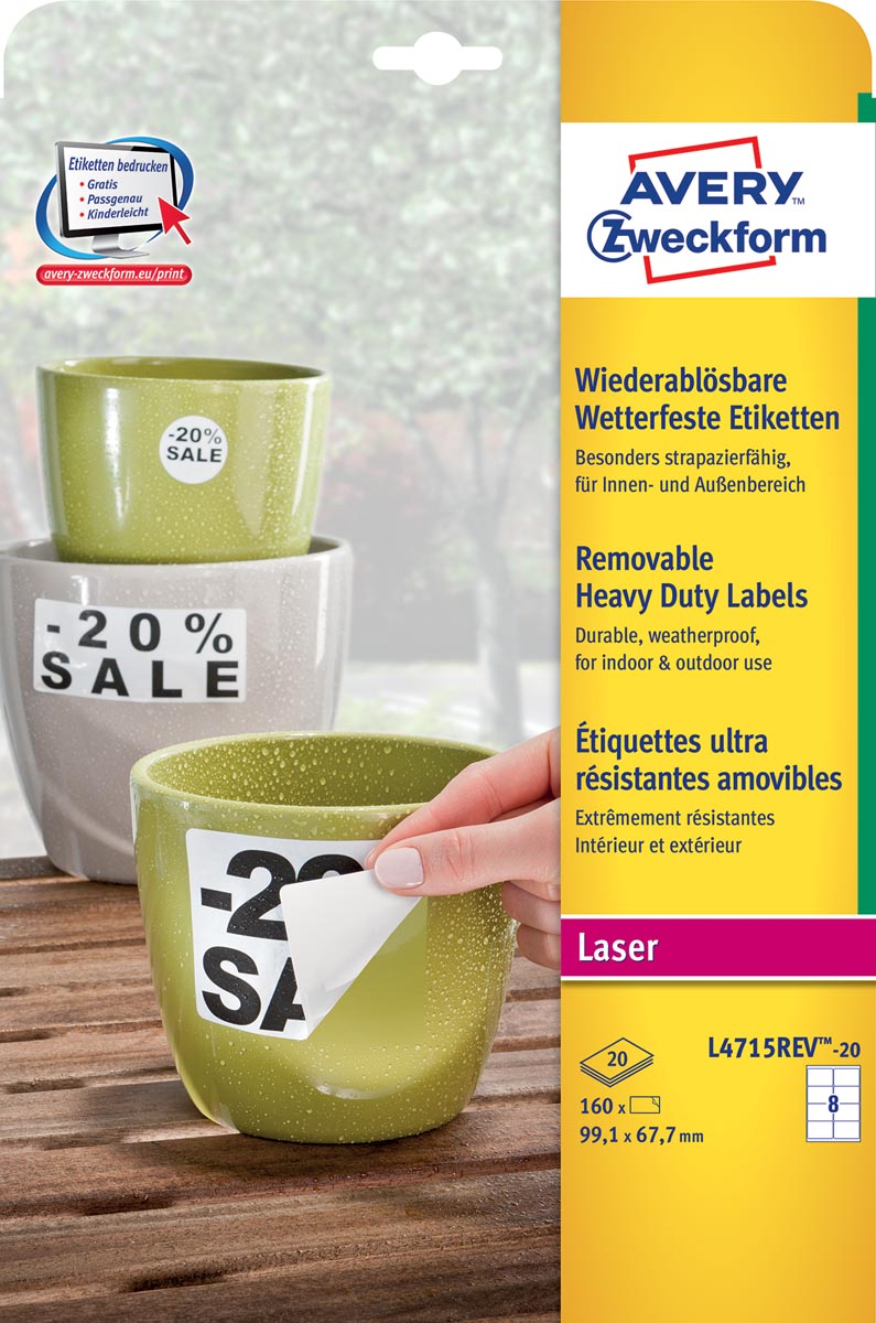 Avery -  afneembare weerbestendige etiketten Ft 99,1 x 67,7 mm (b x h), wit, doos van 160 etiketten