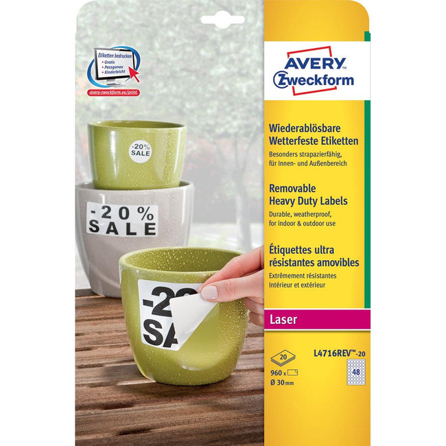 Avery -  afneembare weerbestendige etiketten diameter 30 mm,wit, doos van 960 etiketten