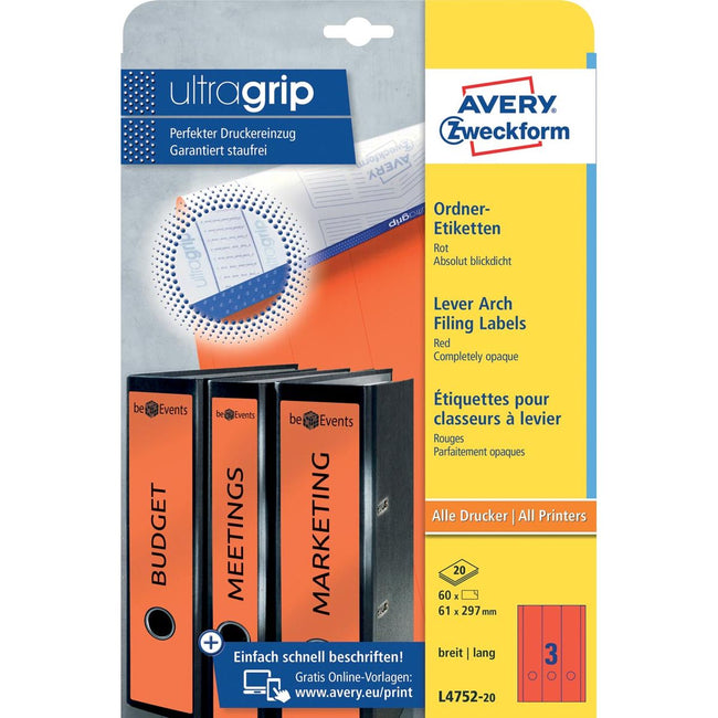 Avery Zweckform - Zweckform L4752-20 étiquettes de dos de dossier pi 29,7 x 6,1 cm (l x h), 60 étiquettes, rouge