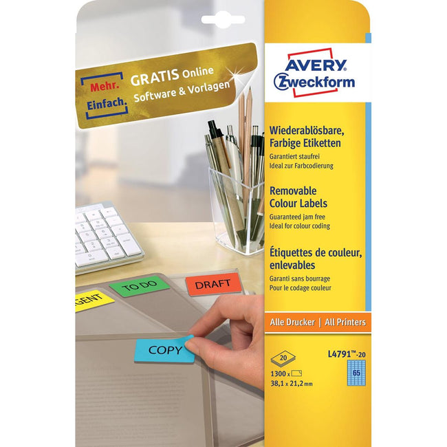 Avery Zweckform -  gekleurde etiketten ft 38,1 x 21,2 mm (b x h), afneembaar, blauw, 1300 stuks, 65 per blad