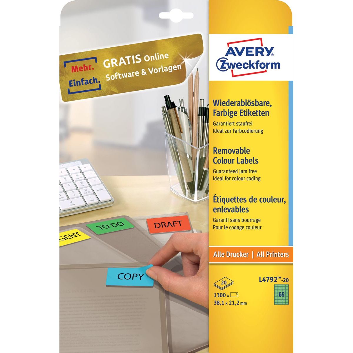 Avery Zweckform -  gekleurde etiketten ft 38,1 x 21,2 mm (b x h), afneembaar, groen, 1300 stuks, 65 per blad