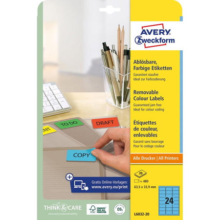 Avery Zweckform - étiquettes colorées amovibles ft 63,5 x 33,9 mm (l x h), 480 pièces, 24 par feuille, bleues