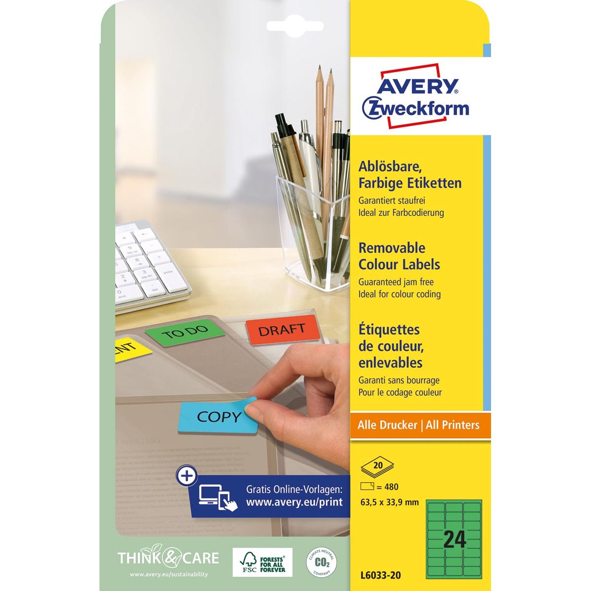 Avery Zweckform -  afneembare gekleurde etiketten ft 63,5 x 33,9 mm (b x h), 480 stuks, 24 per blad, groen