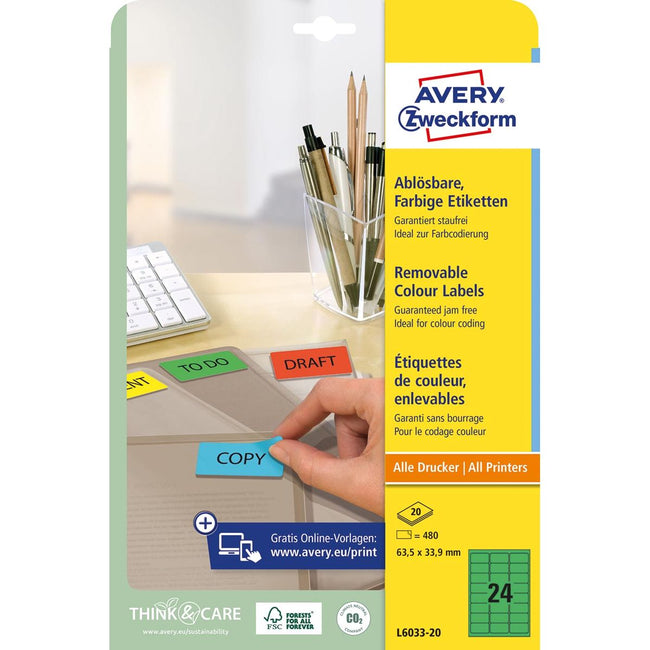 Avery Zweckform -  afneembare gekleurde etiketten ft 63,5 x 33,9 mm (b x h), 480 stuks, 24 per blad, groen