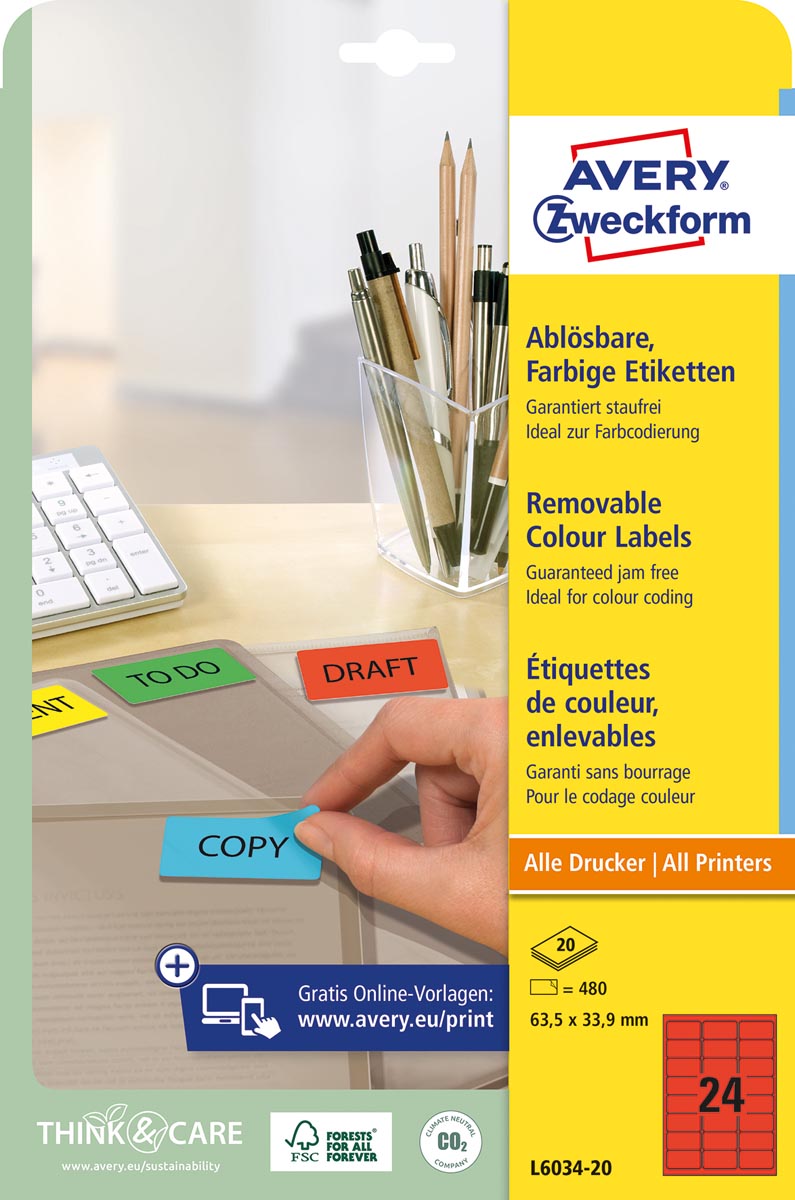 Avery Zweckform -  afneembare gekleurde etiketten ft 63,5 x 33,9 mm (b x h), 480 stuks, 24 per blad, rood