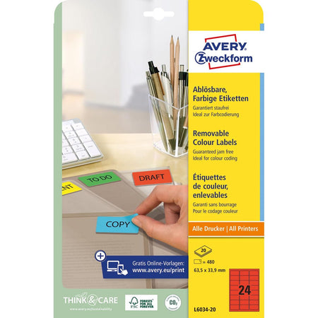Avery Zweckform - étiquettes colorées amovibles ft 63,5 x 33,9 mm (l x h), 480 pièces, 24 par feuille, rouge