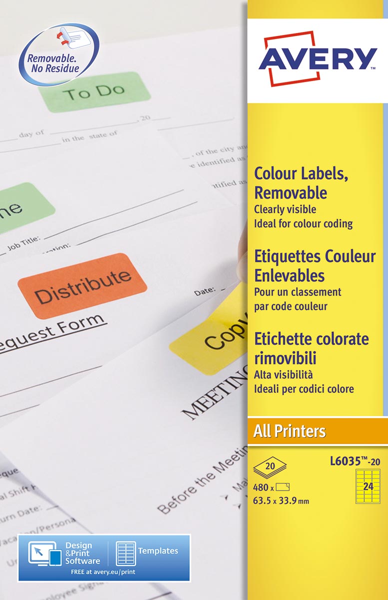 Avery Zweckform -  afneembare gekleurde etiketten ft 63,5 x 33,9 mm (b x h), 480 stuks, 24 per blad, geel