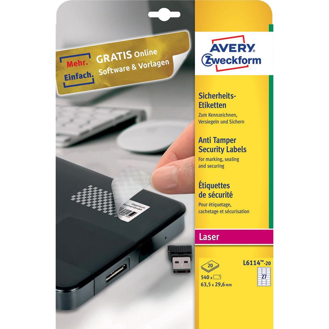 Avery Zweckform - étiquettes de sécurité résistantes, ft 63,5 x 29,6 mm, 540 pièces, 27 par feuille, boîte de 20 feuilles