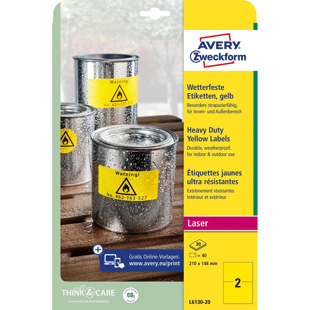 Avery Zweckform -  weerbestendige etiketten, ft 210 x 148 mm, geel, pak van 40 etiketten