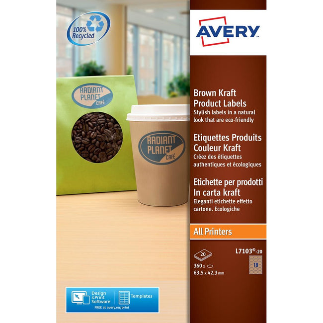 Avery - L7103-20 productetiketten ft 63,5 x 42,3 mm (b x h), 360 etiketten, kraft, ovaal