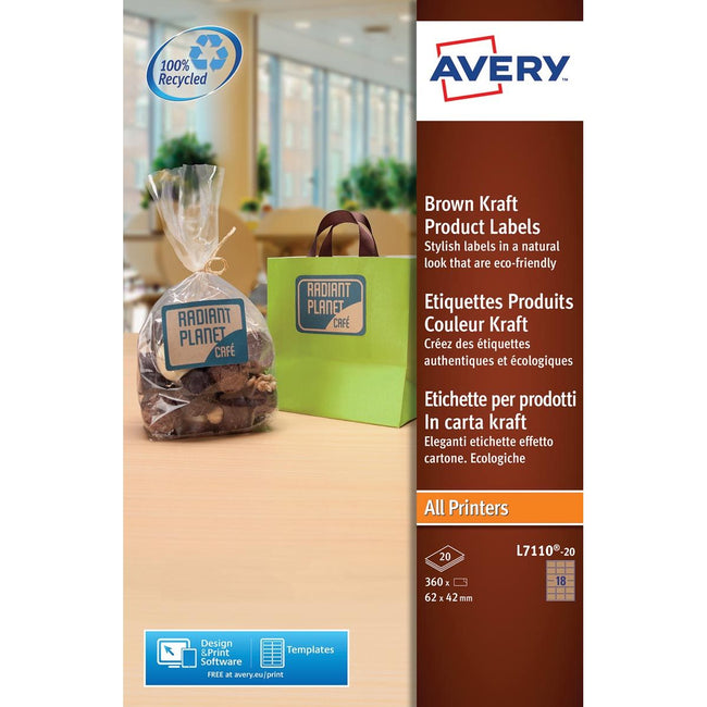 Avery - L7110-20 Étiquettes de produits FT 62 x 42 mm (B x H), 360 Étiquettes, Kraft