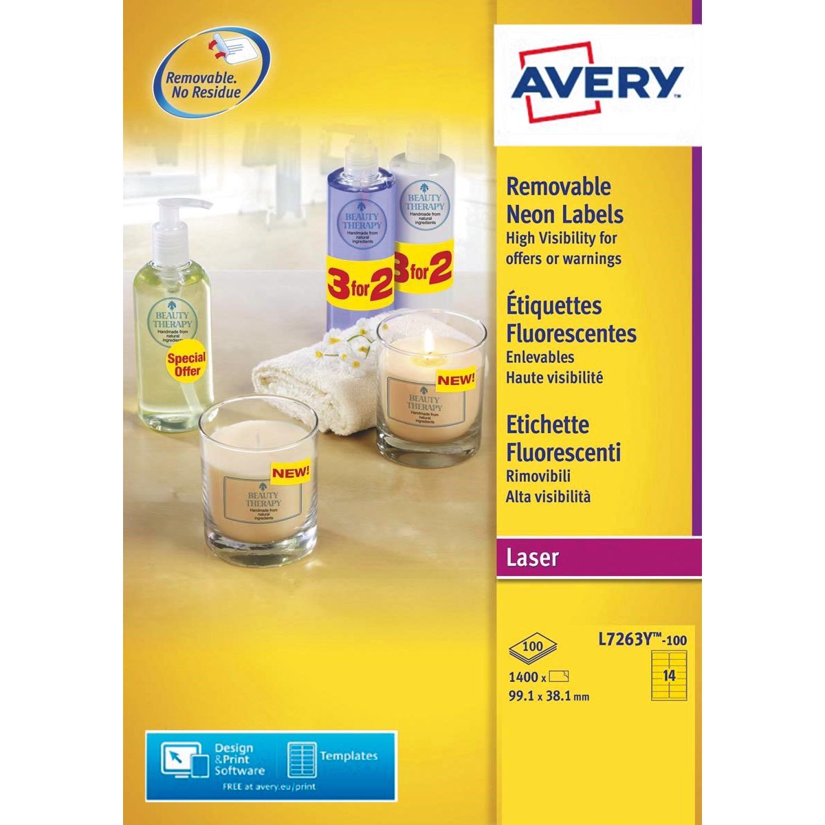 Avery - Étiquette L7263Y-100 99,1x38,1mm jaune fluo 1400 étiquettes