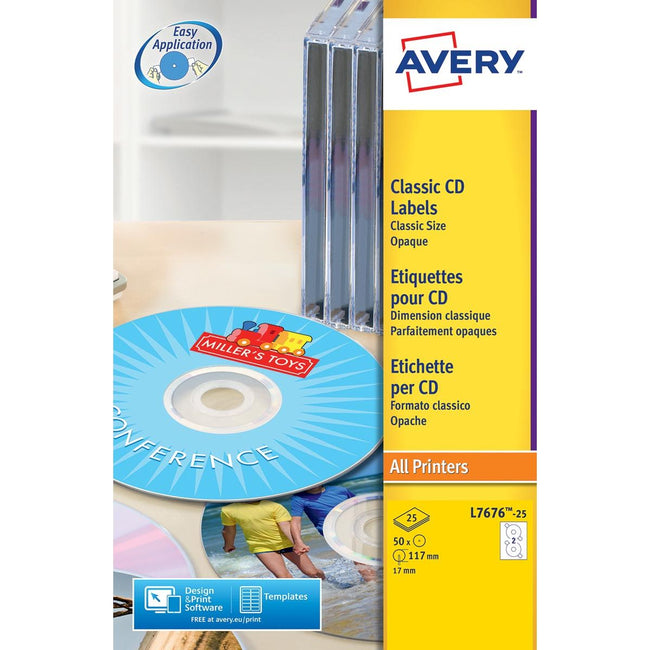 Avery -  L7676-25 CD etiketten, diameter 117 mm, 50 etiketten, wit