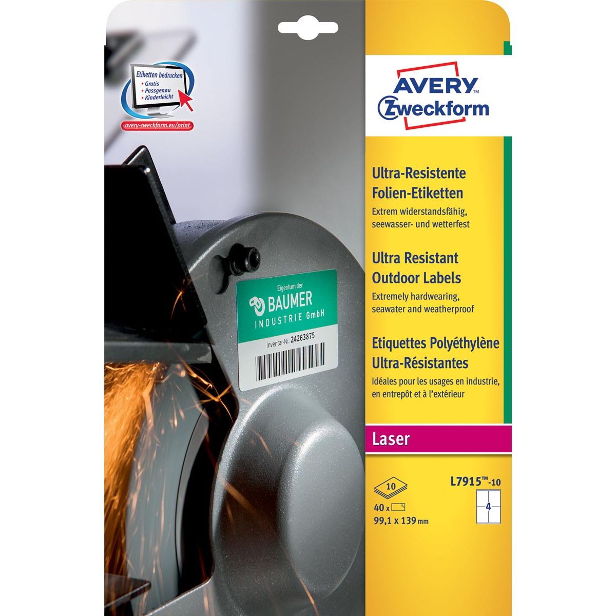 Avery -  L7915-10 weerbestendige etiketten ft 99,1 x 139 mm (b x h), 40 etiketten, wit