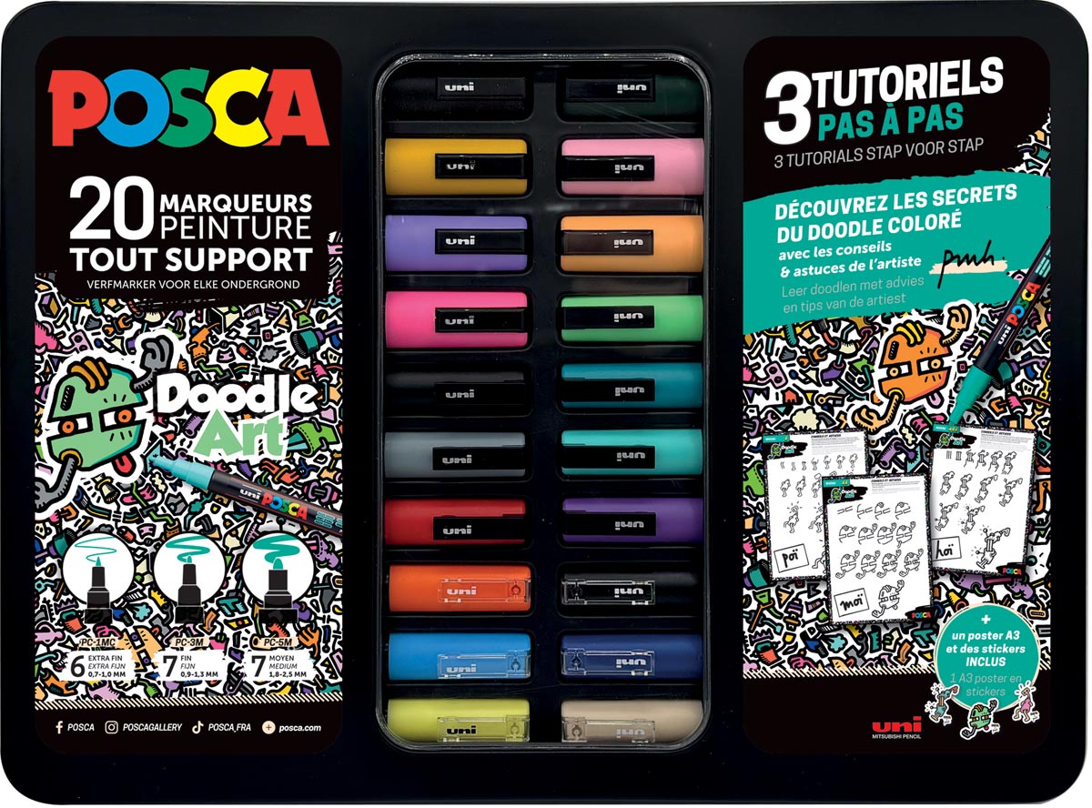 Klika -  Uni paintmarker Doodle Art, verschillende punten, metalen koffer van 20 stuks