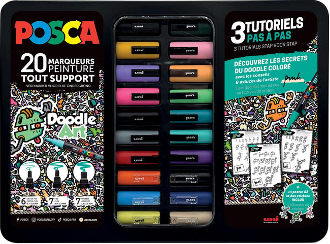 Klika -  Uni paintmarker Doodle Art, verschillende punten, metalen koffer van 20 stuks