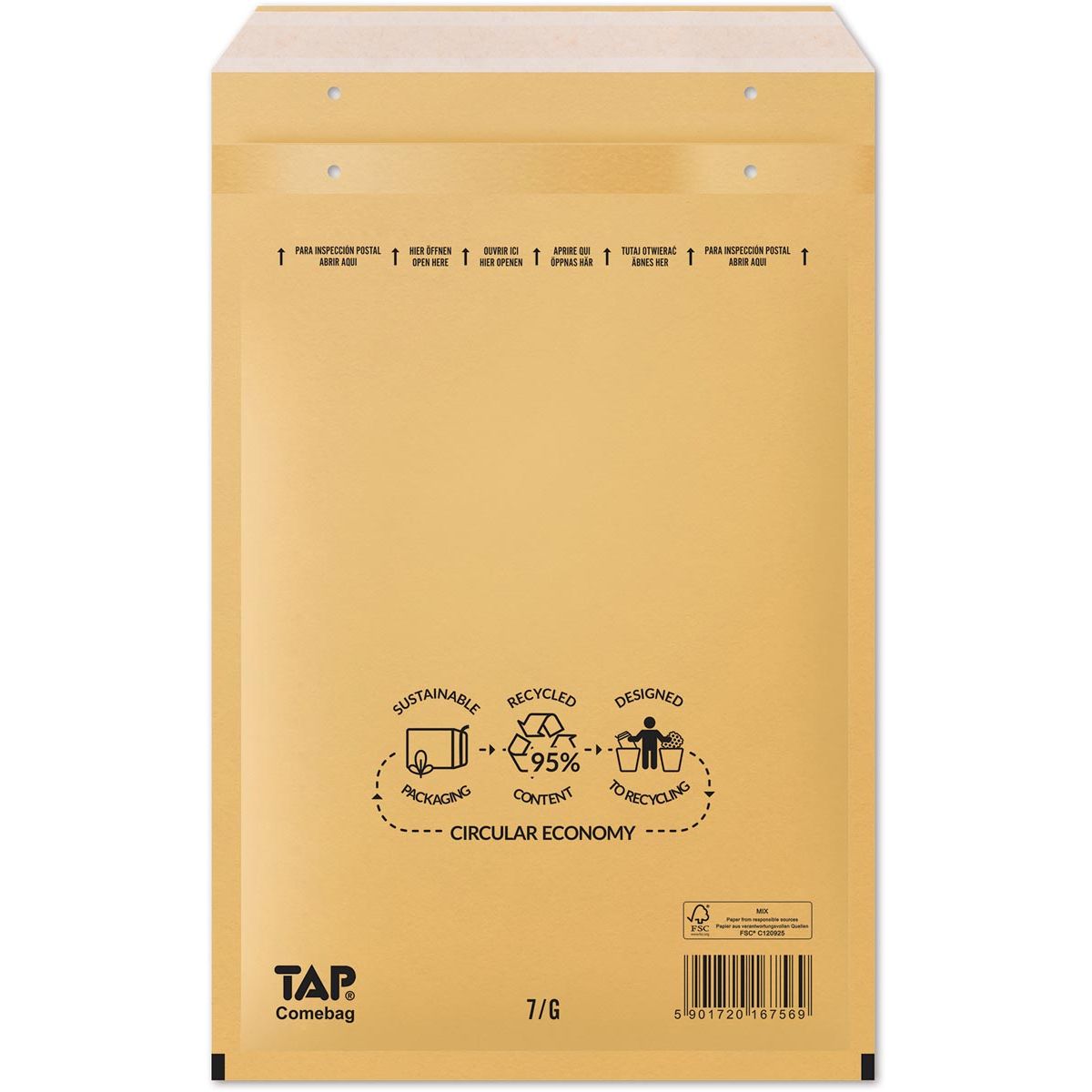 Jiffy - Comebag Luftpolsterumschläge, ft 230 x 340 mm, mit Streifenverschluss, braun, Karton mit 100 Stück
