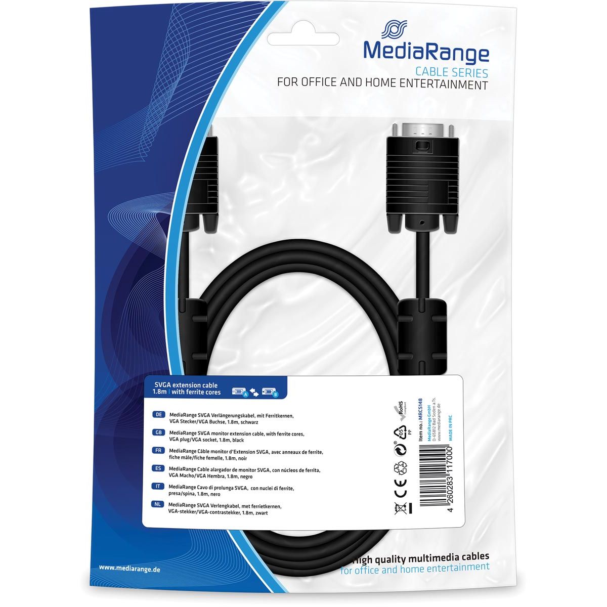 MediaRange - Câble d'extension SVGA, avec noyaux de ferrite, 1,8 m