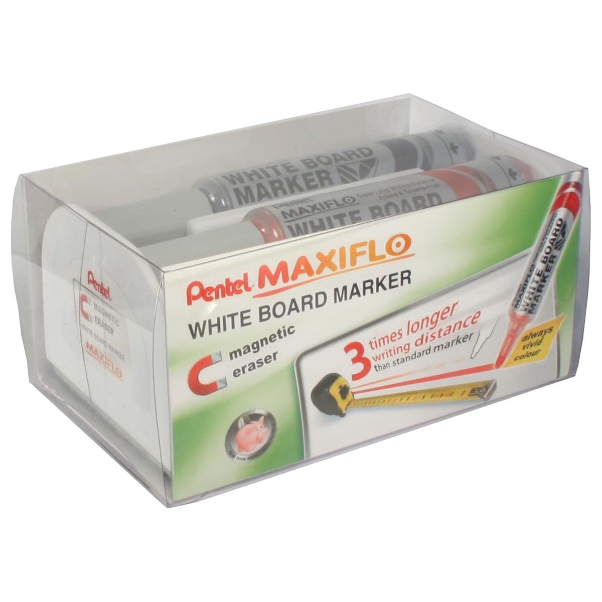 Pentel - whiteboardmarker Maxiflo set van 4 stuks: blauw, rood, groen en zwart + magnetische bordwisser